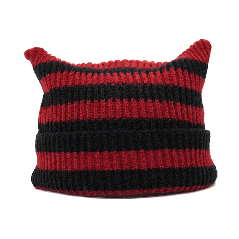 Gorro de punto a rayas Y2K Sweethottie para niñas, gorros con orejas de gato Ins de moda coreana, gorro con protección para los oídos con personalidad