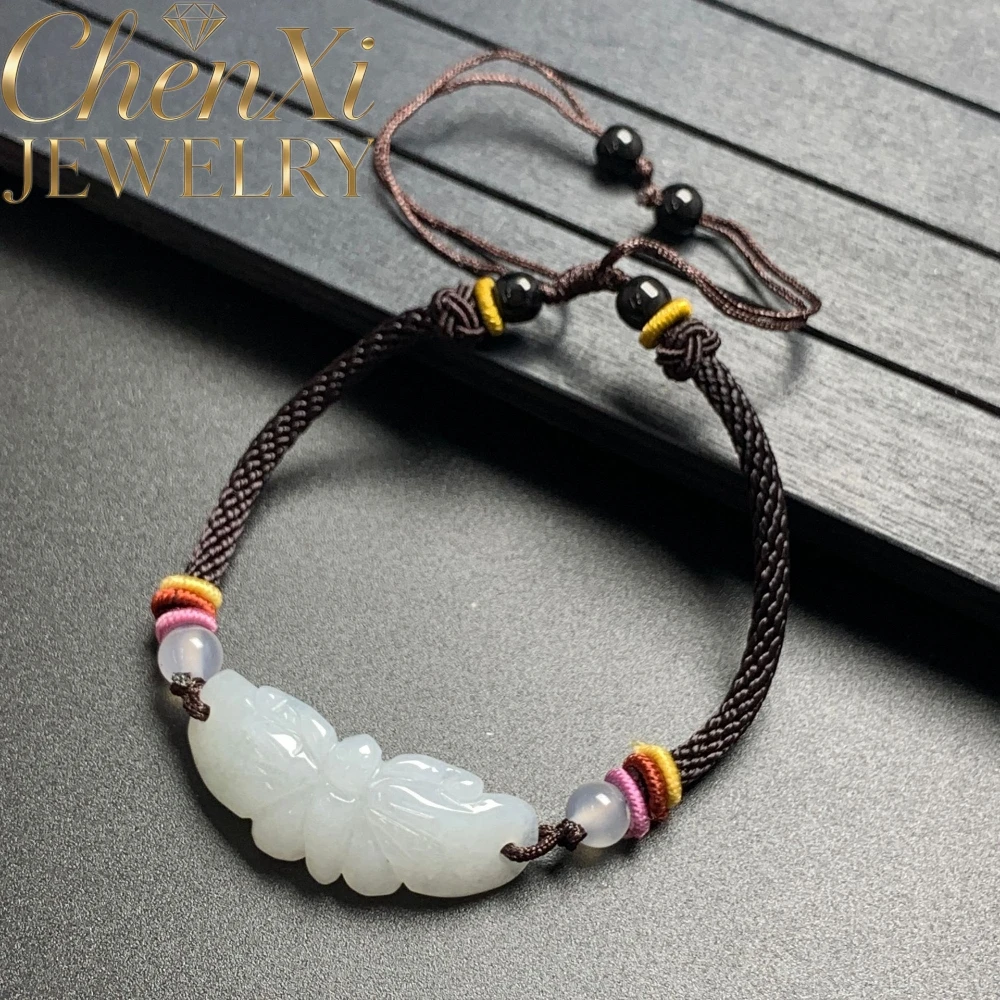 Natural Burmese A‑Type Jadeite Butterfly Charm Rope Bracelet Insect Pattern Jade Ornament Adjustable Braided Wrist Jewelry Gift