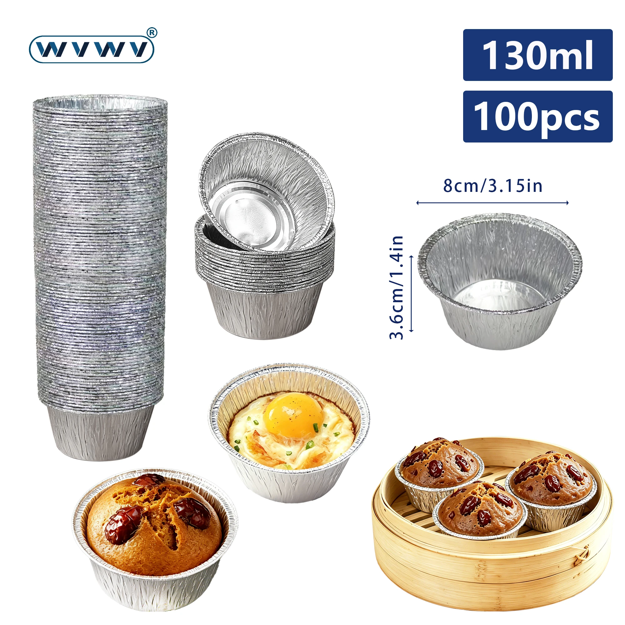 100Pcs/130Ml Mini Aluminum Foil Cake Cups for Air Fryer, Small Cake/Muffin Cups/French Caramel Pudding/Egg Tarts, Non-Stick and Easy to Demold, High Temperature Resistant/Soufflé-Specific Tin Foil Molds, Oven-Safe/Disposable Baking Tin Foil Trays