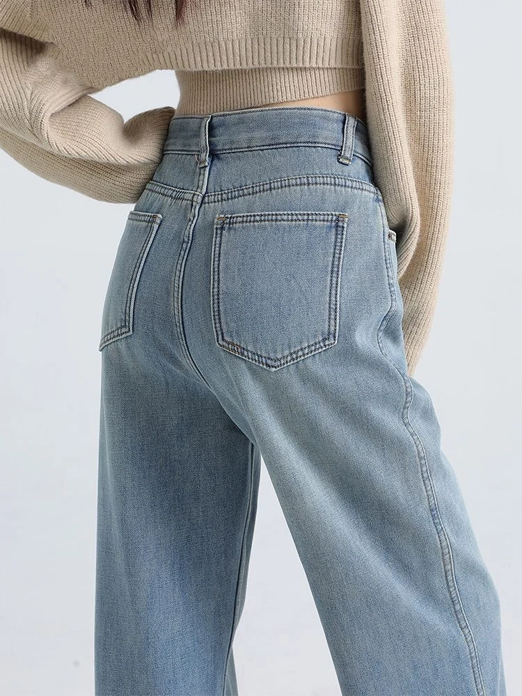 plus Size Fce Lined Straight Leg Jeans Women's Thiened Retro American Sle Loose Fit Wide Leg Pants Autumn Winter New A...