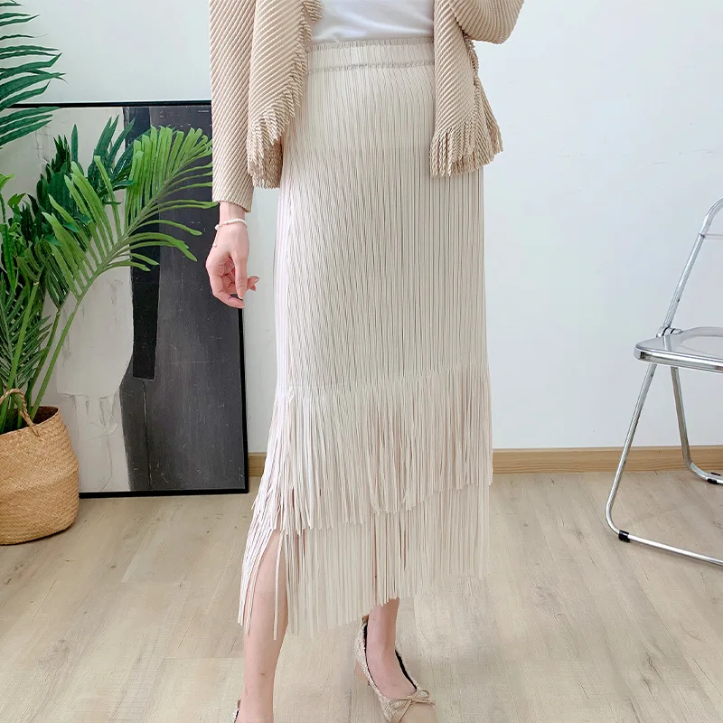 MIYAKE Spring and Summer Drape Pleated Skirt Women's High Waist Slim Tassel Pleated Skirt Solid Color All-match Elastic Waist