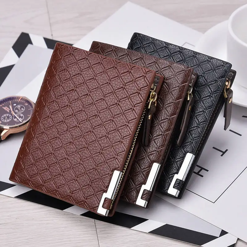 New Fashion Short Plaid Men's Leather Wallet With Coin Pocket Man Purse Card holder Slim Trifold Zipper Money Bag For Male