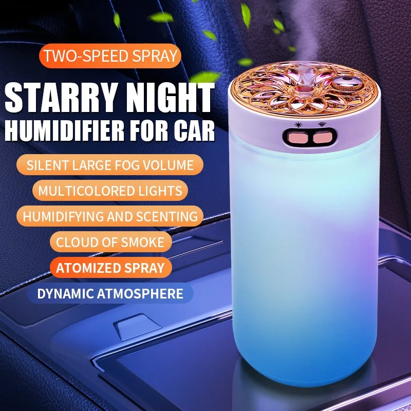 Wireless Car Humidifier Diffuser Starry Sky โปรเจคเตอร์โคมไฟแบบพกพา Air Humidifier MistMaker สําหรับ Home RGB Night