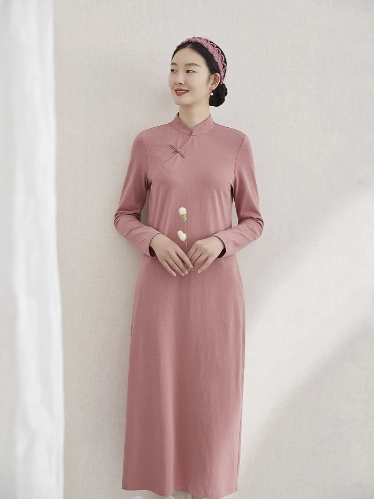 

Ru Chinese Sle Long Sve Knitted Cotton Dr Women's Base Layer Artistic Dr High Slit Daily Wear