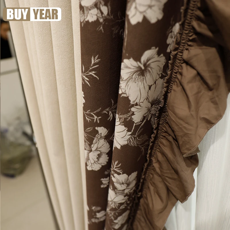 

Customized French American Retro Brown Printed Chenille Romantic Lace Blackout Curtains for Living Dining Room Bedroom