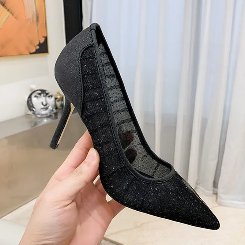 Mesh Pointed Toe Women Sandals Solid Outdooor Zapatos Mujer Spring Cover Heels Female Pumps Wedding Girls Shoes