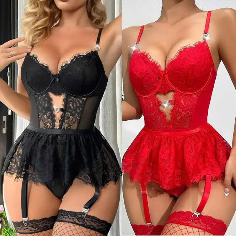 Lenceria Mujer Sexy Push Up Bras Sexy Outfits Bra Panties Set G-string Garter Belt Lenceria Set Lace Dress Women\'s Intimates