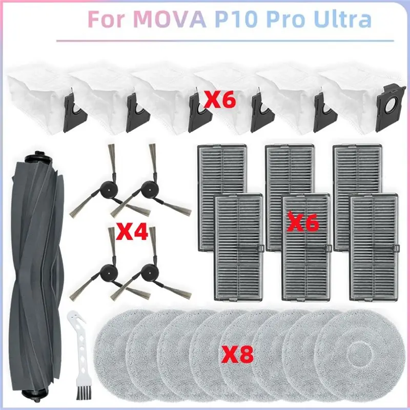 

AEE8-For MOVA P10 Pro Ultra Vacuum Parts Main Tricut Roller Side Brush Hepa Filter Mop Cloth Dust Bag Replacement Accessories