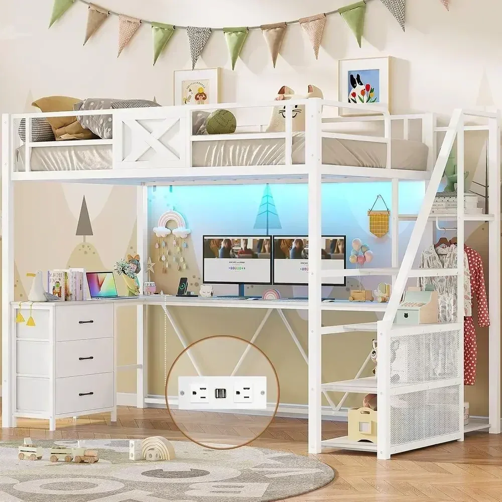 Twin Size Metal Staircase Bed with L-Shaped Desk, Wardrobe, Fabric Drawers, LED Lights, Charging Station, Noise-Free, No Box Spr