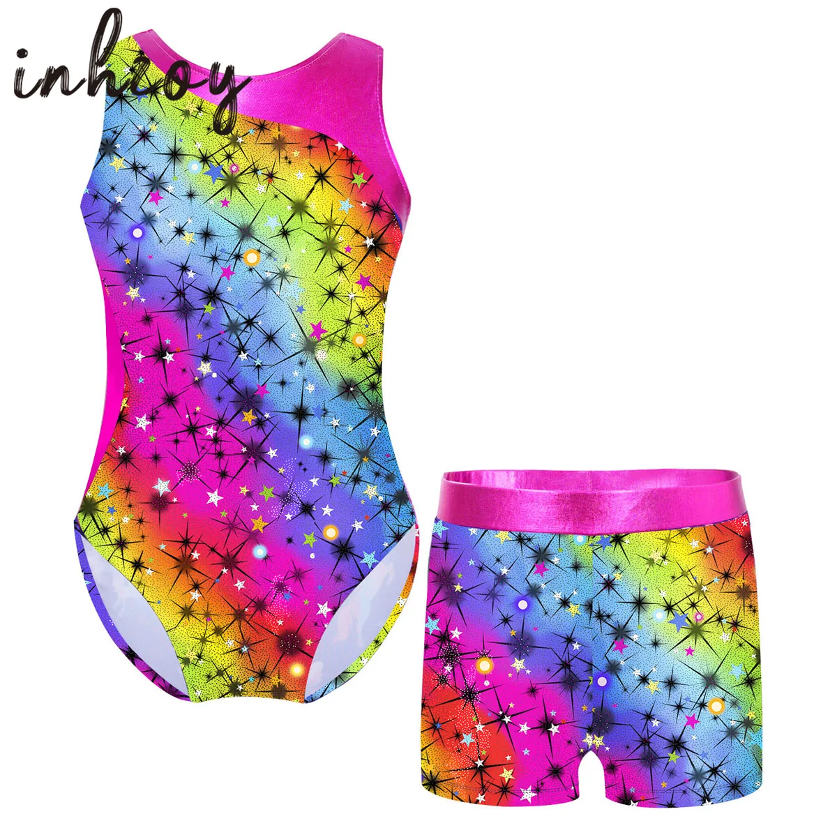 Kids Girls Ballet Dance Leotard Gymnastics Bodysuit Jumpsuit with Shorts Set Rainbow Print Ballet Dance Performance Outfits