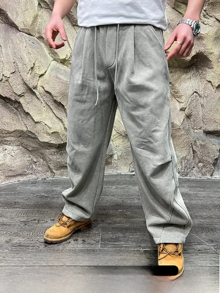 

Casual Loose Fleece Lined Gradient Dyed Thickened Straight Leg Pants for Men Autumn Winter Cotton Polyester Blend