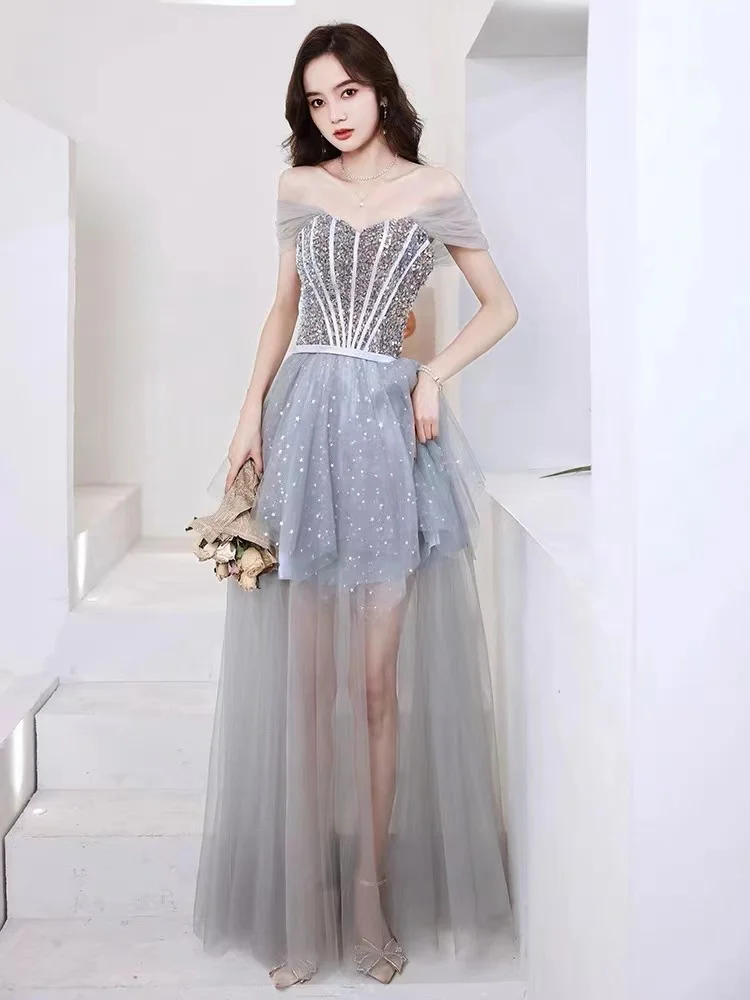 فساتين سهرة زرقاء على شكل حرف a ترتر لامع قبالة الكتف بدون ظهر متدرج بأربطة للولائم الرسمية لضيوف الزفاف وحفلات التخرج رداء حفلات