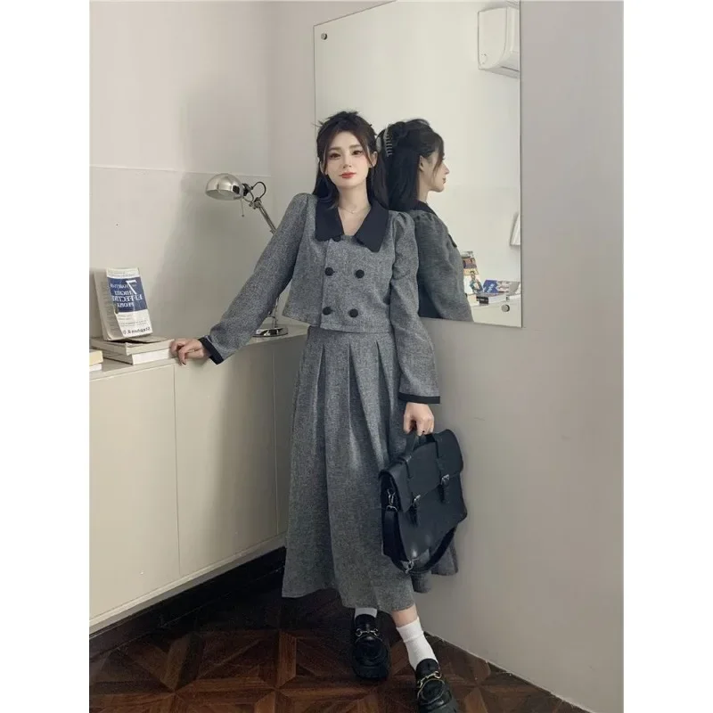 

UNXX Autumn 2024 New Sweet Elegant Skirt Suits Female Double-breasted Blazer Jacket + Long Skirt Office Lady Two-piece Set Women