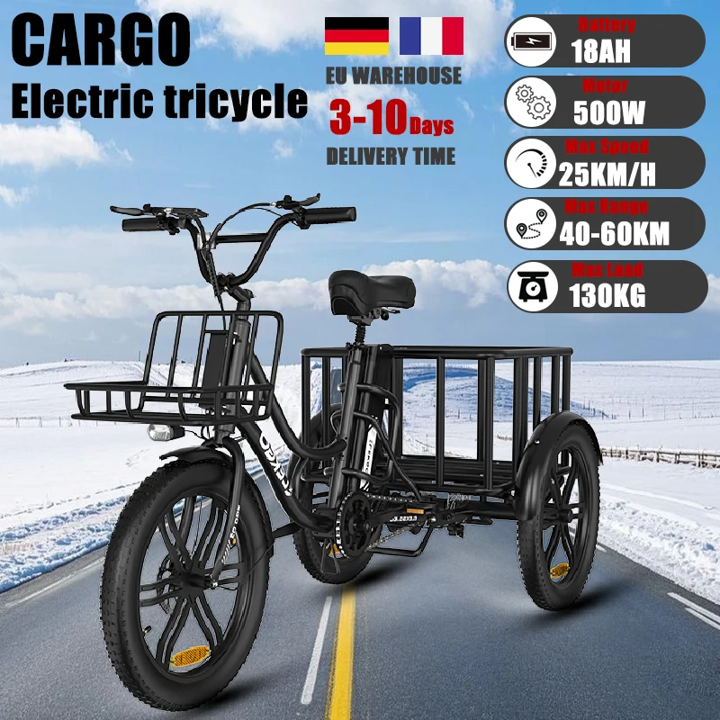 ELEKGo EGO03 Electric Tricycle 250W 500W 48V 18Ah Removable Battery E-Cargo 20*3 Inch Tire 3wheel Electric bike With Rear Basket