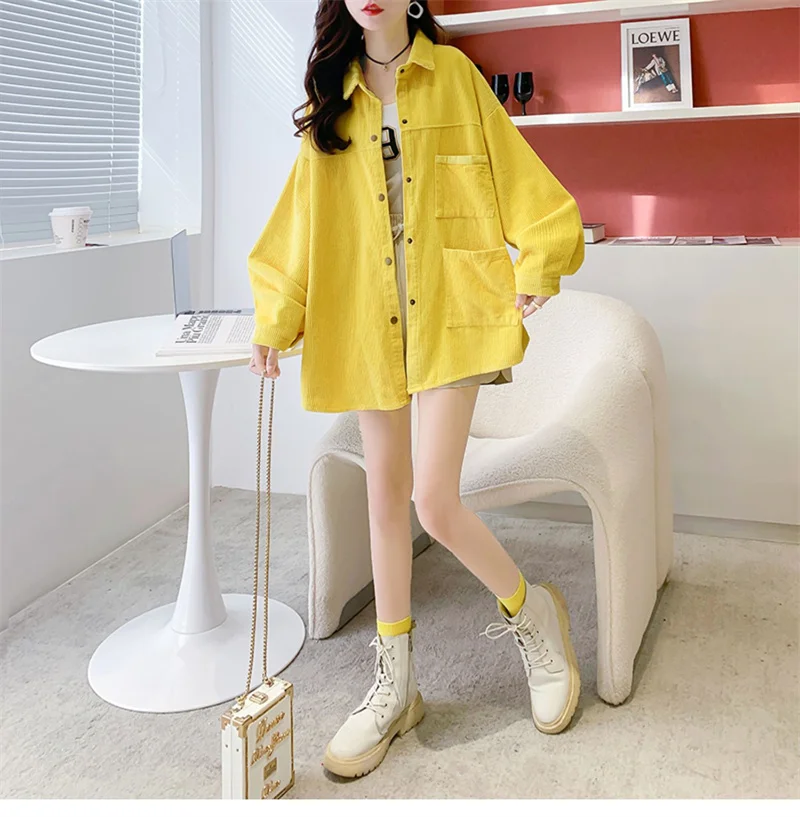 2024 New Solid Color Corduroy Shirt for Women with a Small Design Sense Loose Long sleeved Top Medium length Shirt Coat P512