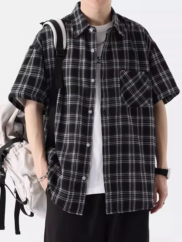

Casual Loose ort Sve irt Men's Summer Plaid Outerwear Thin Bla f Sve irt Polyester Fiber Youth Trend Polyest...