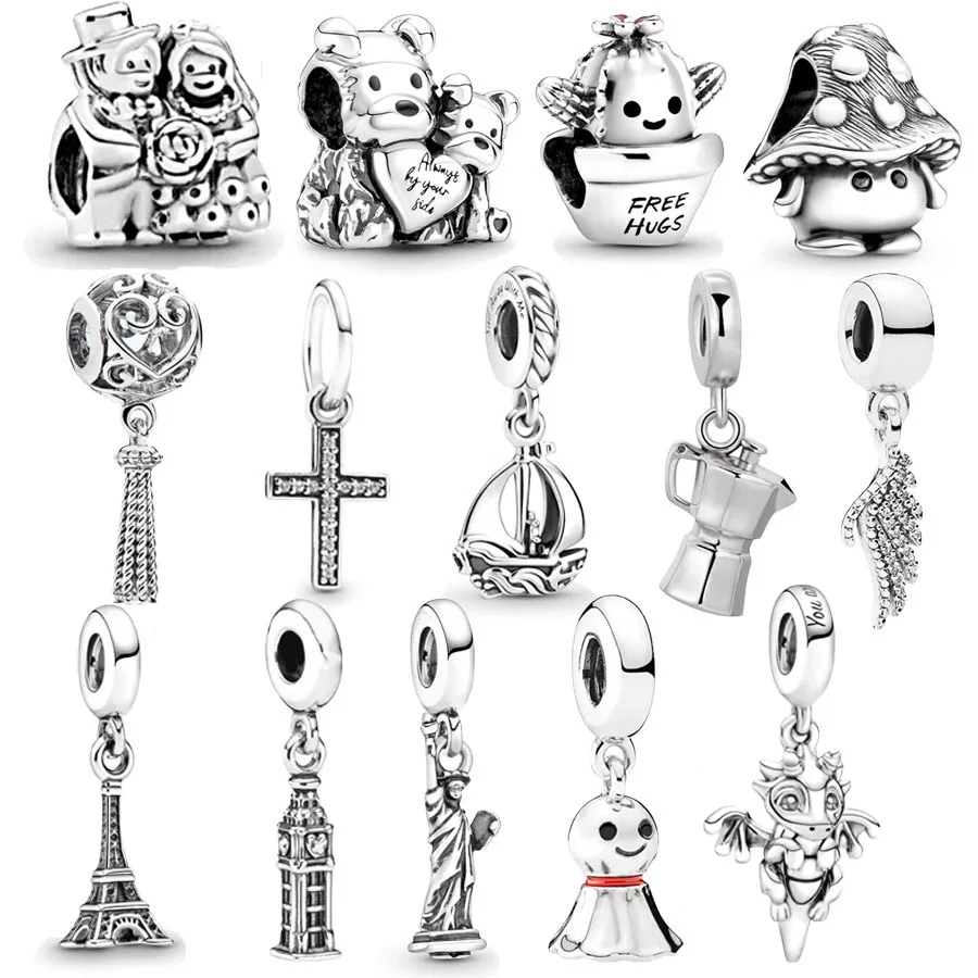 New York Statue Of Liberty & Cross Dangle Charms Beads Fit Original 925 Sterling Silver Pan Bracelet Bangle DIY Women Jewelry