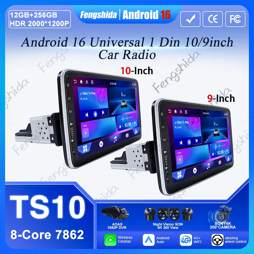 Android 16 10.1inch Universal Single Rotation Car Radio Car Carplay Multimedia Player GPS Navigation Car Stereo Bluetooth WIFI