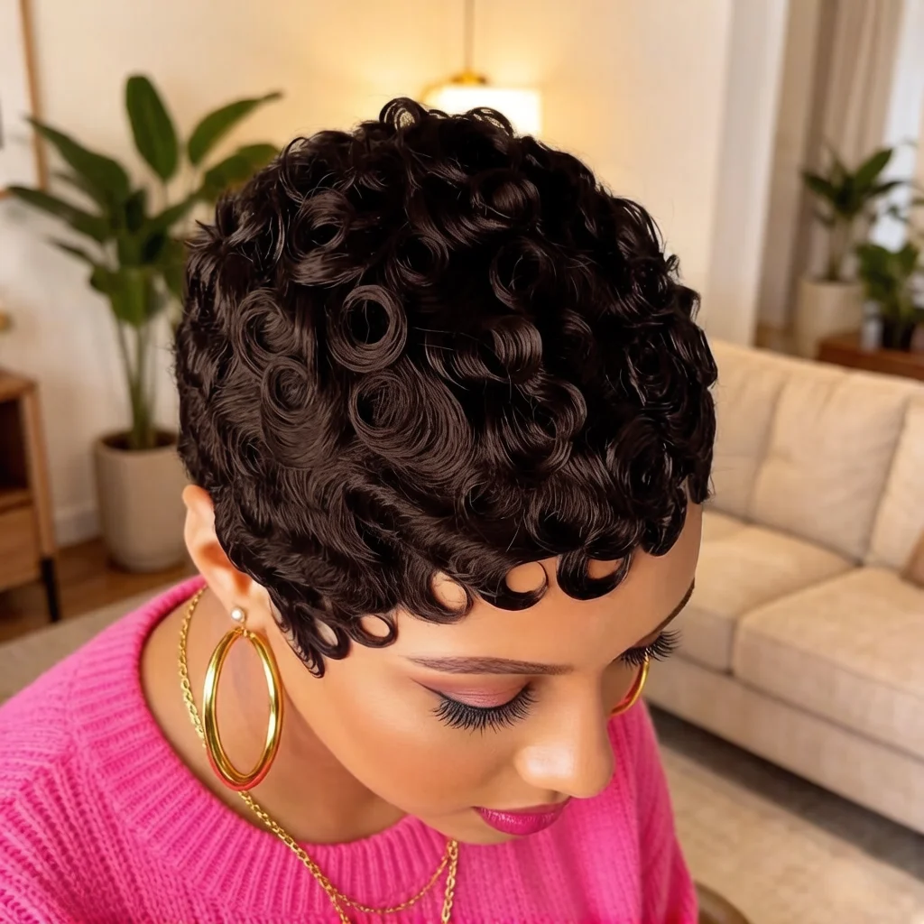 

Short Curly Pixie Cut Wigs for Women, Loose Wave Short Curly Brown Pixie Cut Wig full machine made wig