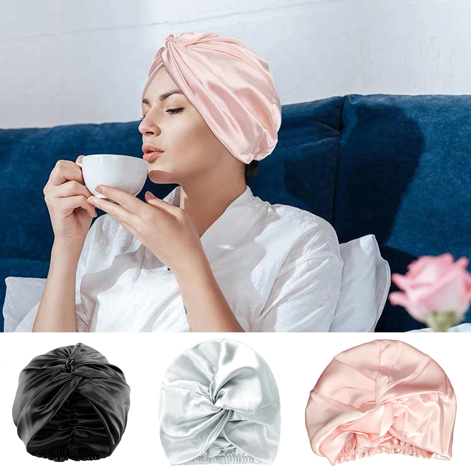 New Satin Hair Cap For Sleeping Invisible Flat Imitation Silk Round Haircare Women Headwear Ceremony Adjusting Button Night Hat 4