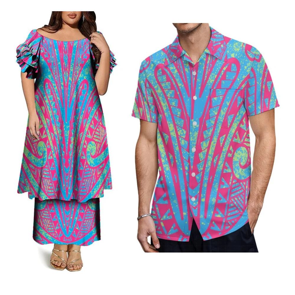 폴리네시아 사모아 그린 커플 세트 여성 푸레타시 드레스 탑과 롱 드레스 및 하와이안 남성 비치 패션 셔츠