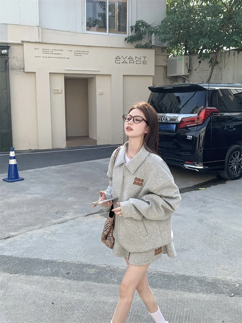 

Casual Embroidered Letter Sweatshirt Jacket And High Waist Short Skirt Two Piece Set for Women Spring Season Loose Fit Style