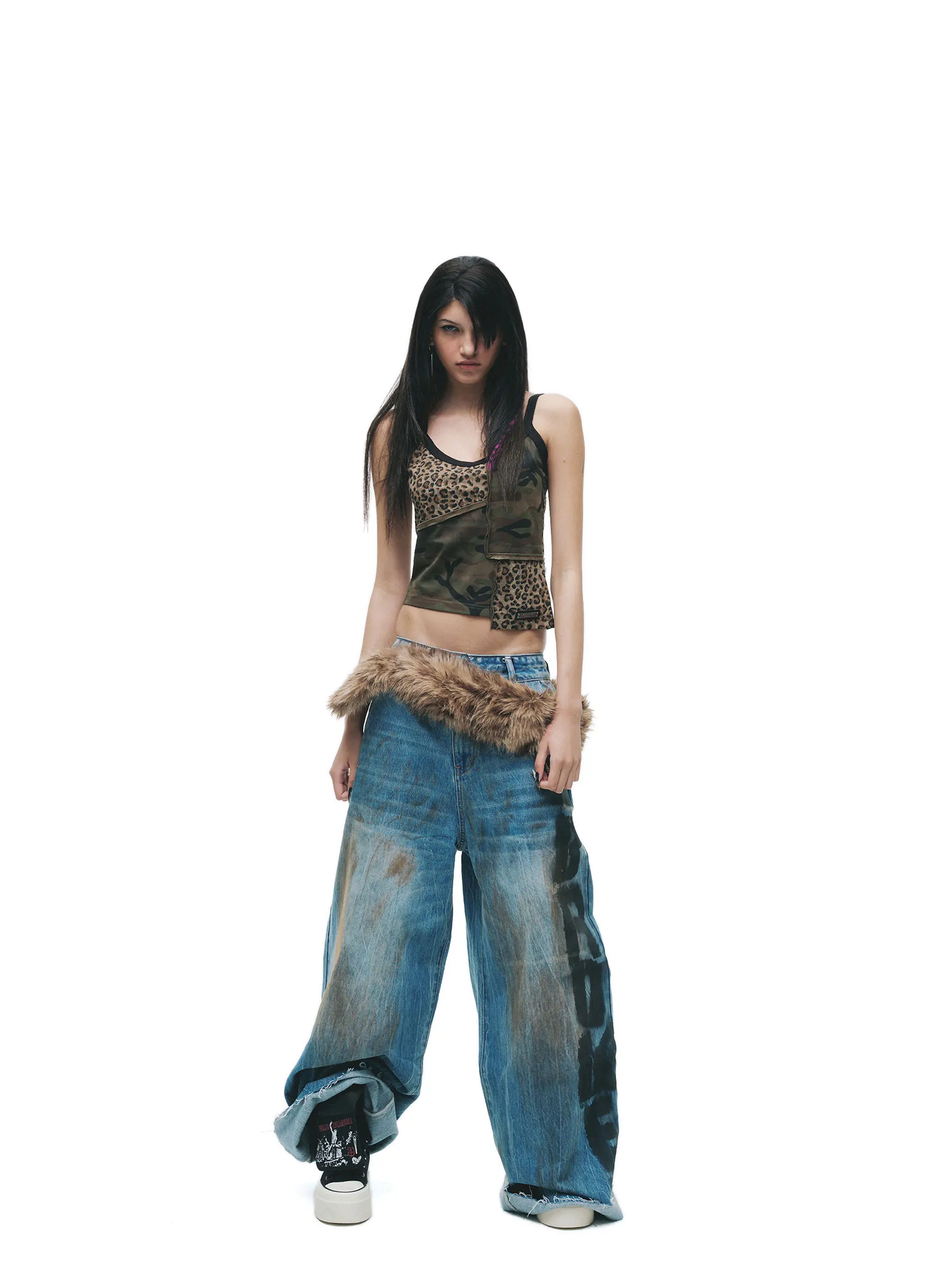 Hand-Drawn Graffiti Denim Jeans Set with Mud Dyeing Process Youth Cotton Wide Leg Jeans Natural Waist Zipper Closure Spring S...