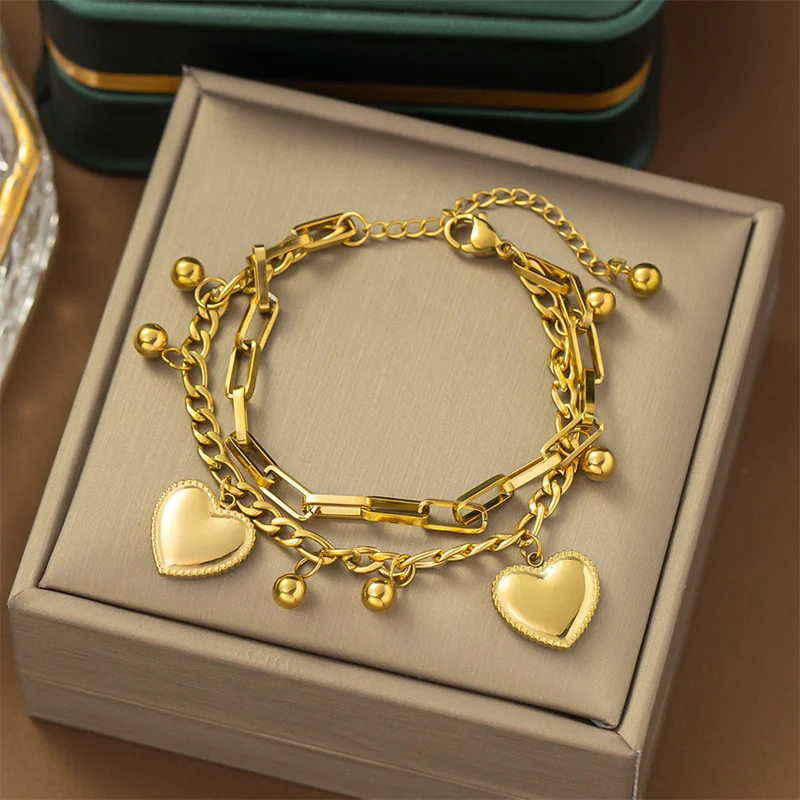 Gl316L Stainless Steel New Fashion Upscale Jewelry Bohemia 2 Layer Ball Lovers Love Heart Charm Thick Chain Bracelet For women