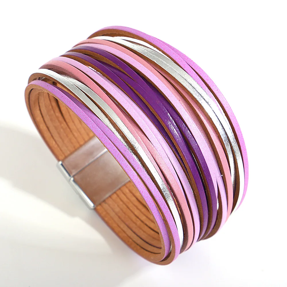 ALLYES Trendy Kleurrijke Lederen Armband voor Vrouwen Mannen Boho Multilayer Slanke Strips Wrap Brede Bangle Armbanden Party Sieraden Geschenken