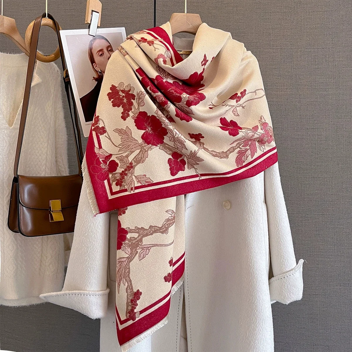 

2024 Роскошный зимний кашемировый шарф, женский новый теплый платок из пашмины, шарфы-пончо, модная шаль с цветком, толстый платок Bufanda