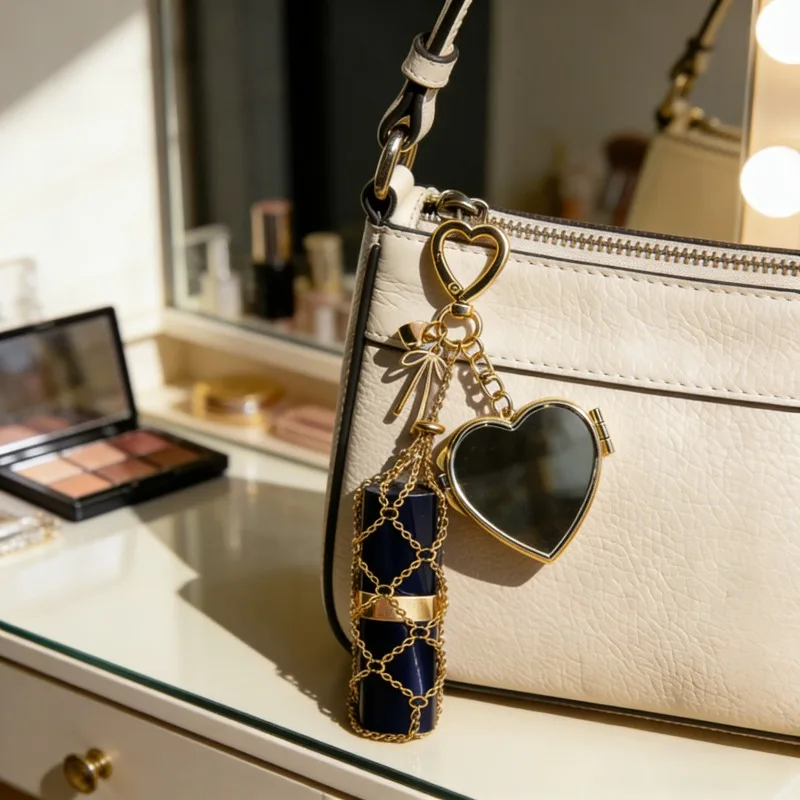 

Custom Name Portable Small Mirror Lipstick Bag Keychain Stainless Steel Metal Net Pocket Interchangeable Lip Balm Bag Key Chain