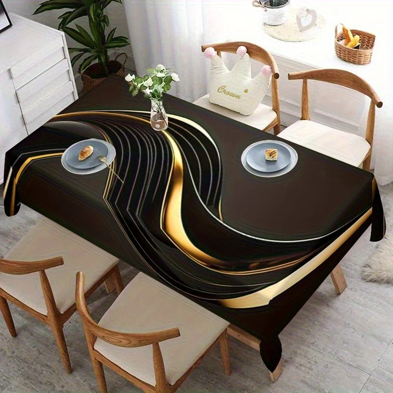 One modern luxury tablecloth - black and gold artistic stripe design, 100% polyester, for rectangular table covering