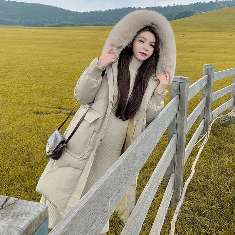Faux Fur Collar Hood Winter Parkas Women 2022 Big Pockets Thicken Warm Long Coats Woman Zipper Down Cotton Padded Jackets