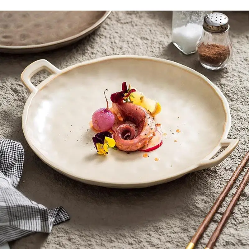 

Vintage Ceramic Double Ear Plate Hammer Pattern Salad Dessert Sushi Molecular Cuisine Specialty Tableware