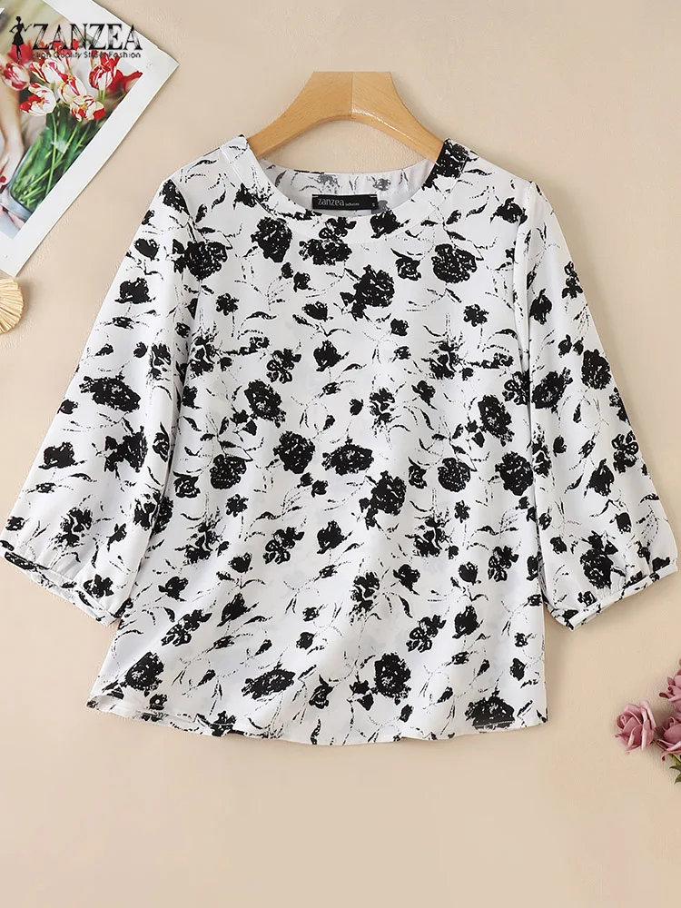 ZANZEA Women Vintage Floral Printed Blouse Summer Casual Shirt Autumn Fashion O Neck 3/4 Sleeve Tops Tunic Casual Loose Blusas