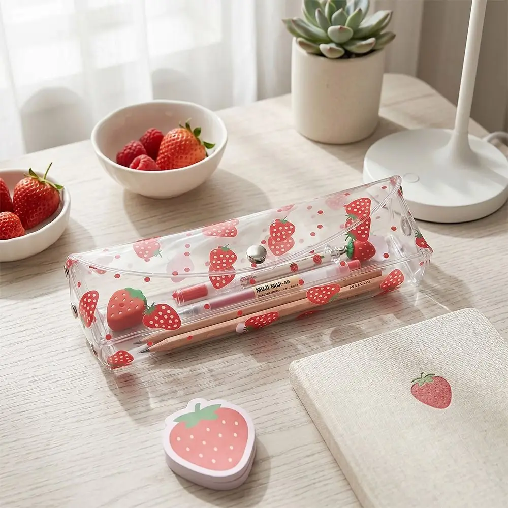 High Quality PVC Pencil Case Transparent Strawberry/Cherry Print Stationery Pouch Snap-button Type Pen Bag School Office