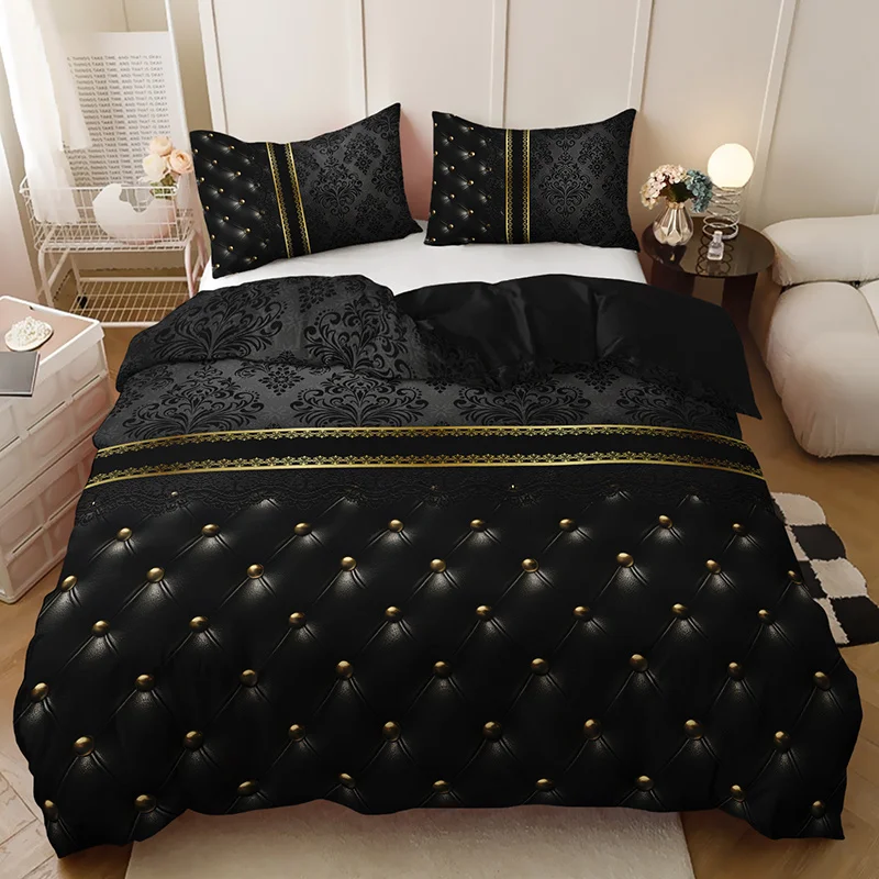 

Luxury Black Golden Jacquard Duvet Cover Set High Definition Print All-Season Bedroom Home Comforter Cover with Texture Pattern