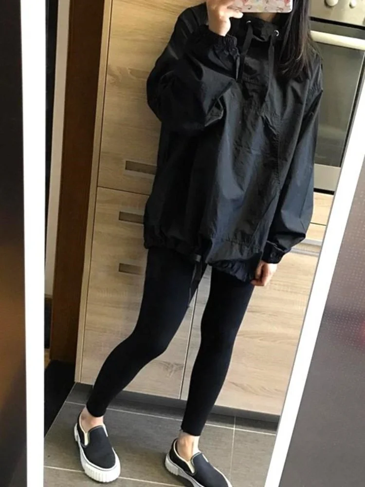 2025 Autumn Spring New Women's Hooded Windbreaker Jacket Black Loose Casual Style Stylish Utility Outerwear