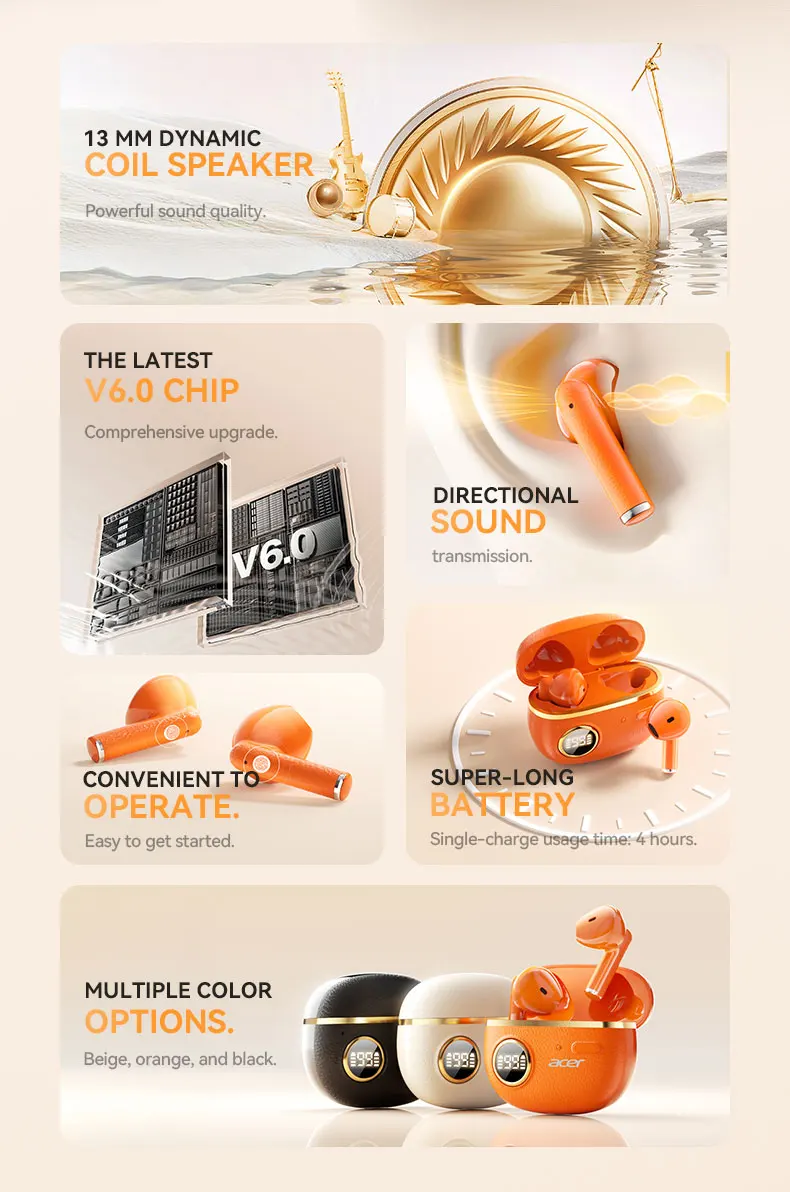 Acer Genuine Wireless Bluetooth Earphones, Semi-In-Ear Type, Latest 6.0 Chip with Stable Transmission, Coil Speaker for Directional Sound Transmission, High-Resolution Audio for Clear Calls
