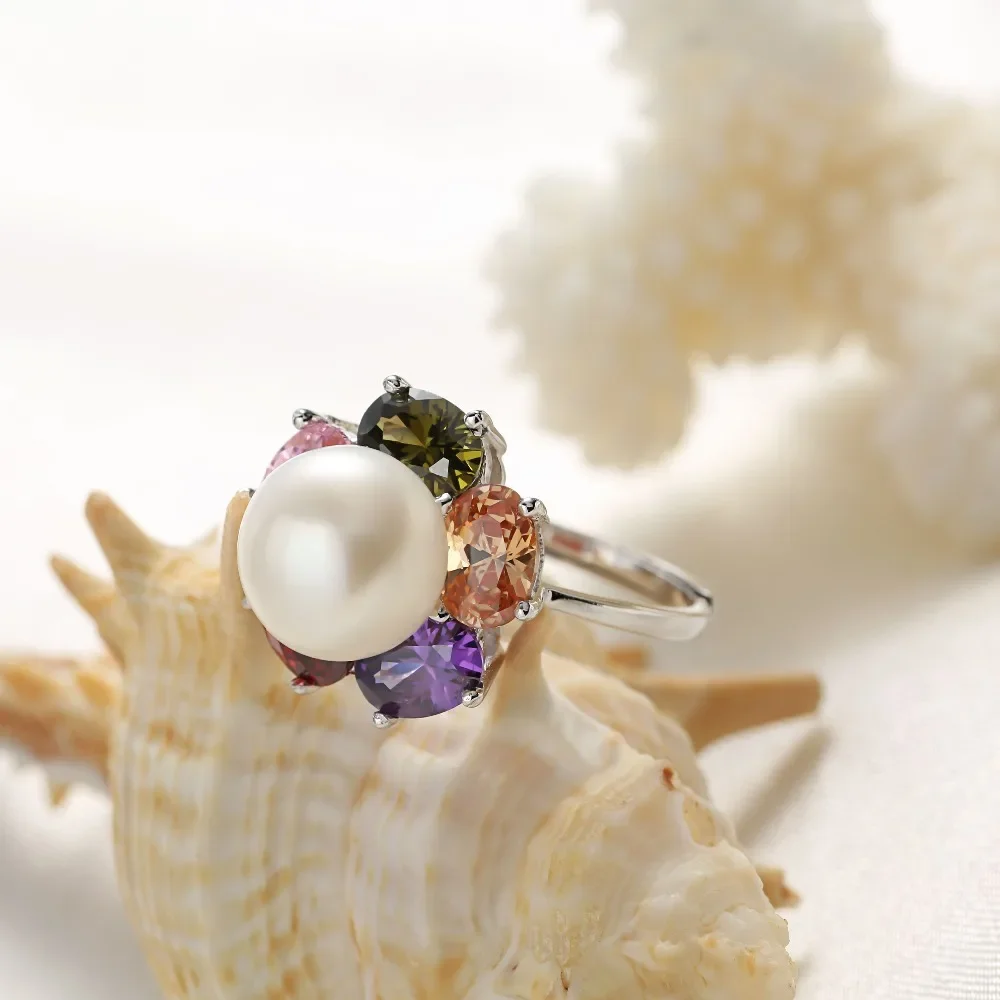 HENGSHENG Colorful Flower Wedding Rings High Quality Jewelry Natural Big Pearl Adjustable 925 Sterling Silver Rings For Women