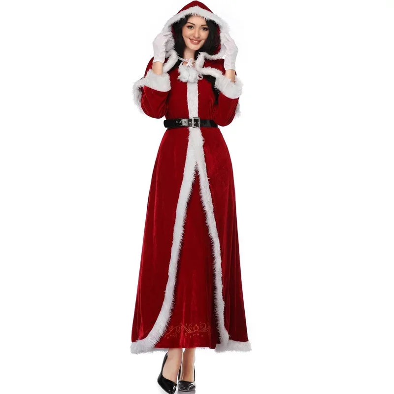 Sexy Christmas Costume Dress Women Fur Trim Christmas Santa Claus Cloak Xmas Costumes Winter Little Red Ridding Hood Long Dress