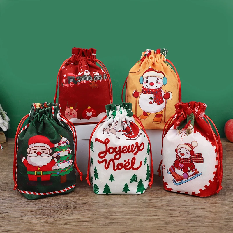

Christmas Drawstring Gift Bags Santa Party Favor Packaging Pouch Reusable Wrap Present Bag Xmas Candy Favor Bag Party Supplies N