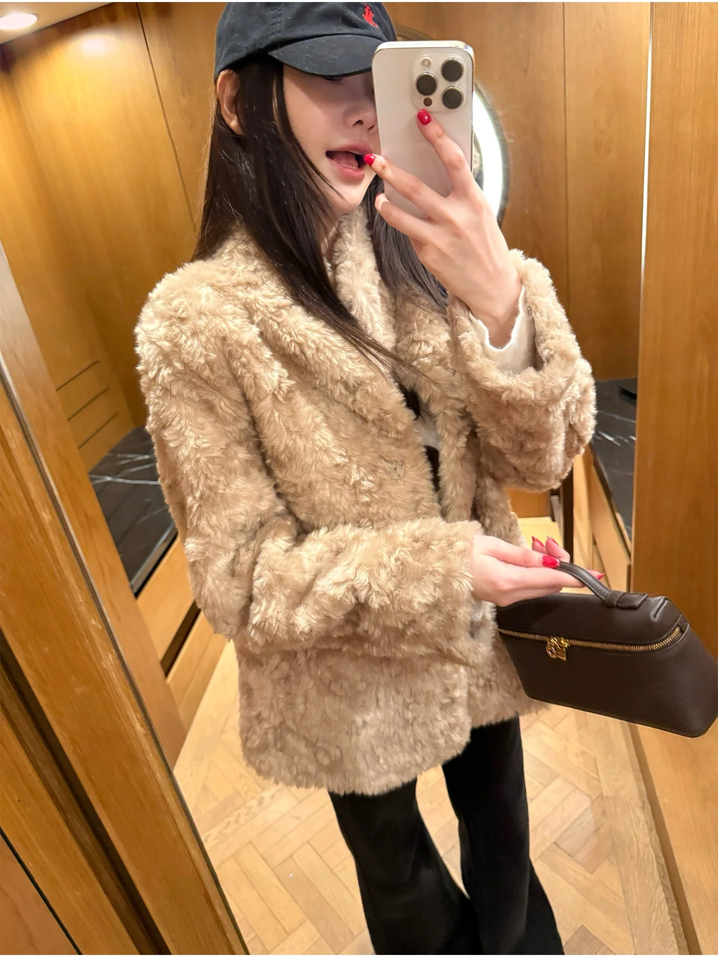

Tee Happy Fur Coat 5 Wool Blend Slim Fit oulder Lengthened Long Sve round Ne Middle Age Sle No Hat Included