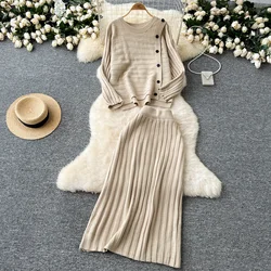 Chic Women Two-Piece Sets Vintage O-neck Asymmetrical Button Long Sleeve Knit Top High Waist Skirt Korean High Street Clothing