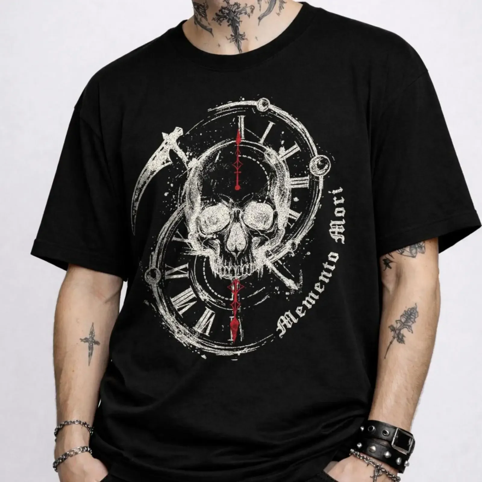 Memento Mori T Shirt Skull Clock Dark Academia Gothic Clothing  vintage Washed fashion homme designer clothes Stretched Soft