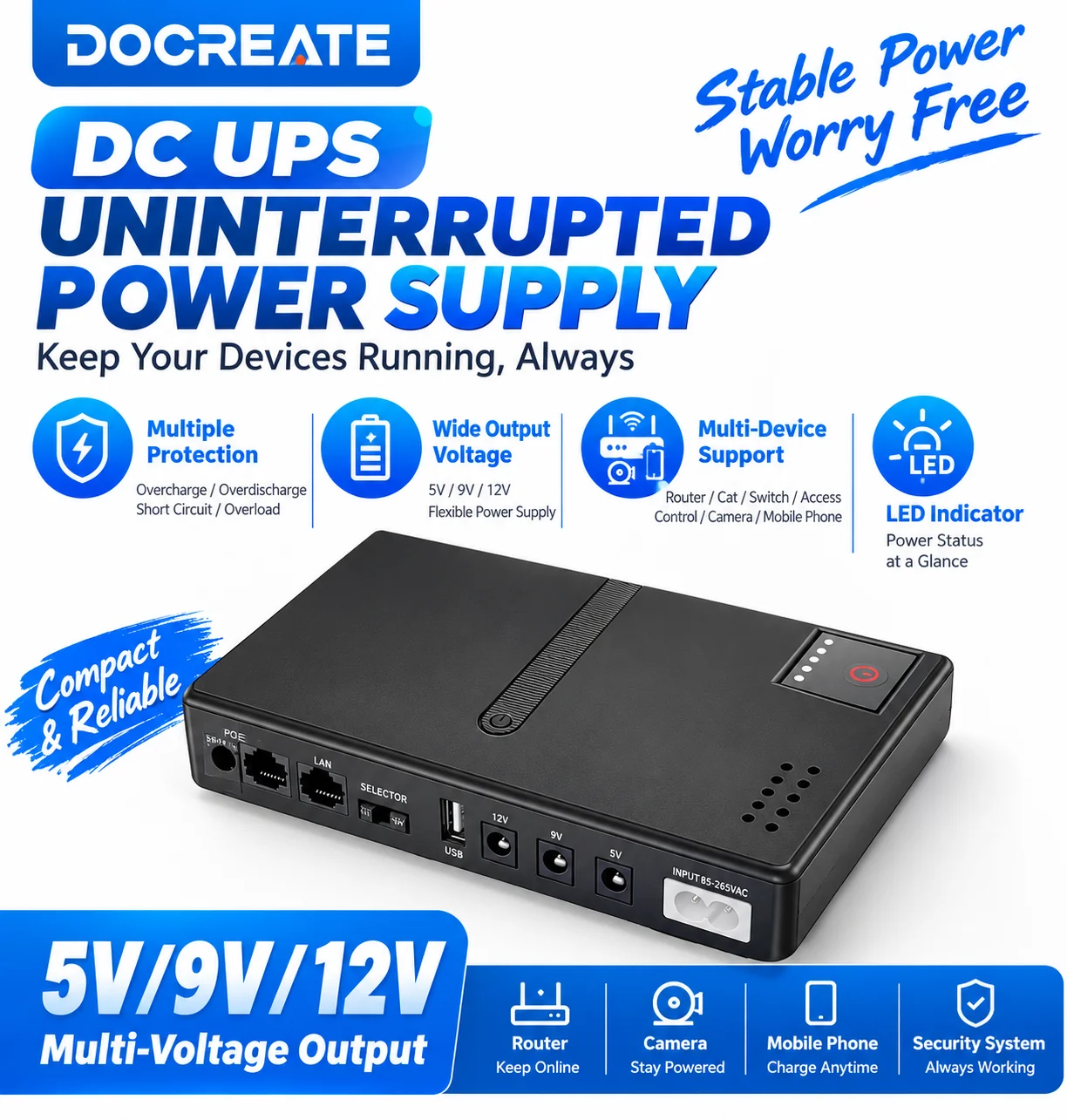 Docreate-772 DC1018L Mini DC UPS Uninterruptible Power Supply 5V 9V 12V 15V 24V Backup Battery for WiFi Router Optical Modem