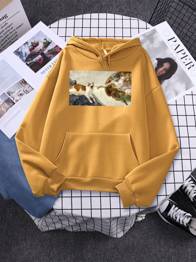 Cat Breaking Into A Famous Painting Women Hoody Harajuku Oversize Hoodie Creativity Crewneck Sweatshirt Casual Fleece Clothing