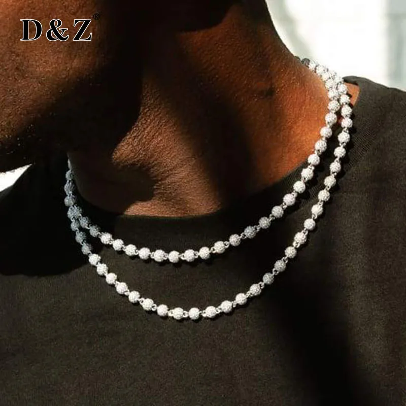 

D&Z New 6mm Ball Chain Bead Necklace With Spring Button Brass Material Iced Out Bling AAA CZ Stones For Men Women Jewelry