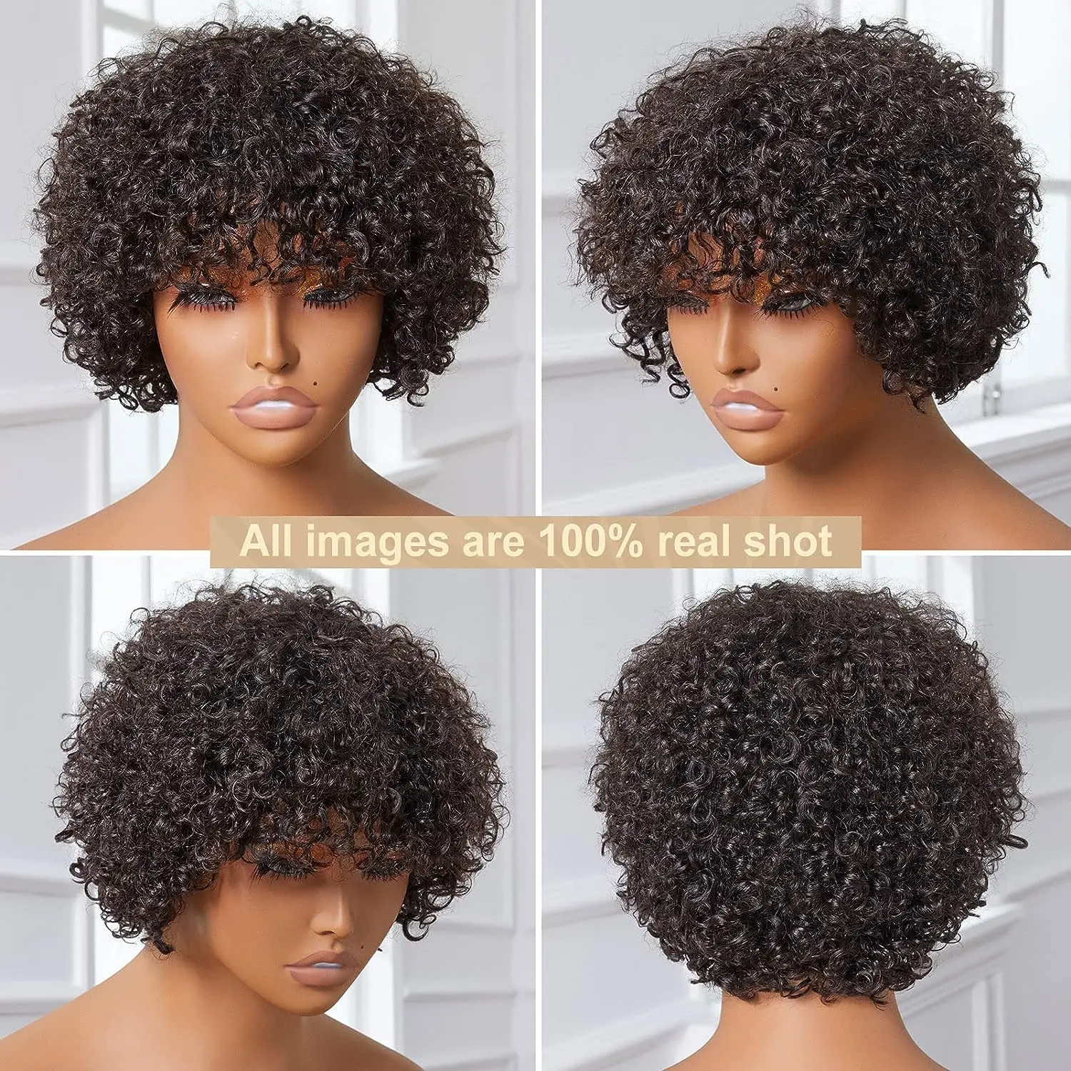 Fluffy Afro onda peruca com franja natural, 100% cabelo humano, cabelo virgem com franja, Kinky Curly Bob peruca, 180% Densidade