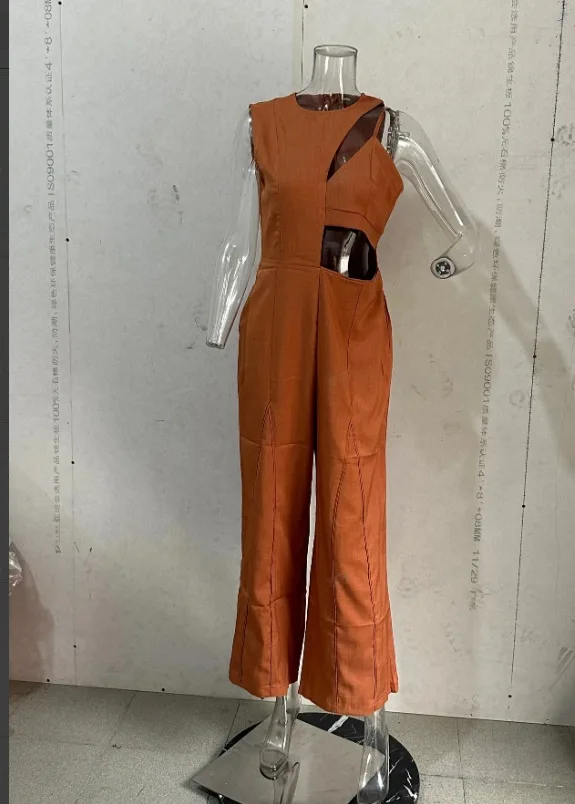 Jumpsuits for Women 2024 Summer New Fashion Round Neck Hollow Out Overalls Elegant Temperament High Waist Wide Leg Jumpsuit